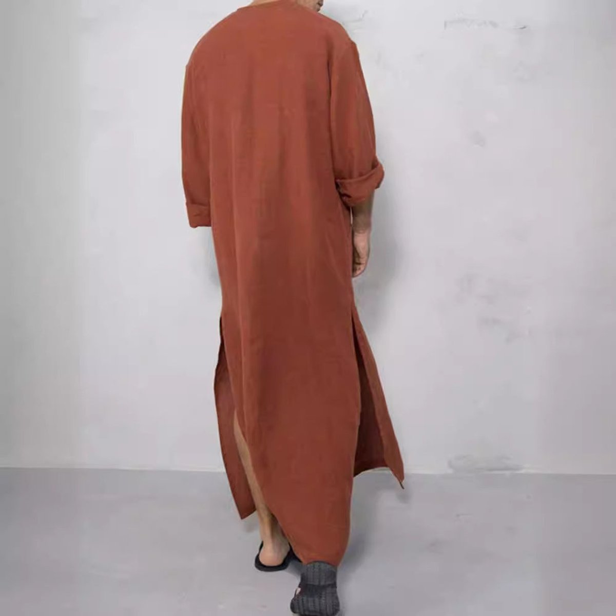 Men's Relaxed-Fit Maxi Linen Kaftan Tunic Button-Front Long Robe