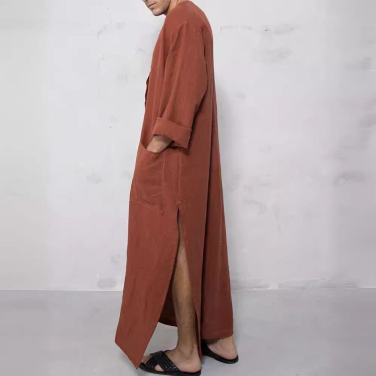 Men's Relaxed-Fit Maxi Linen Kaftan Tunic Button-Front Long Robe