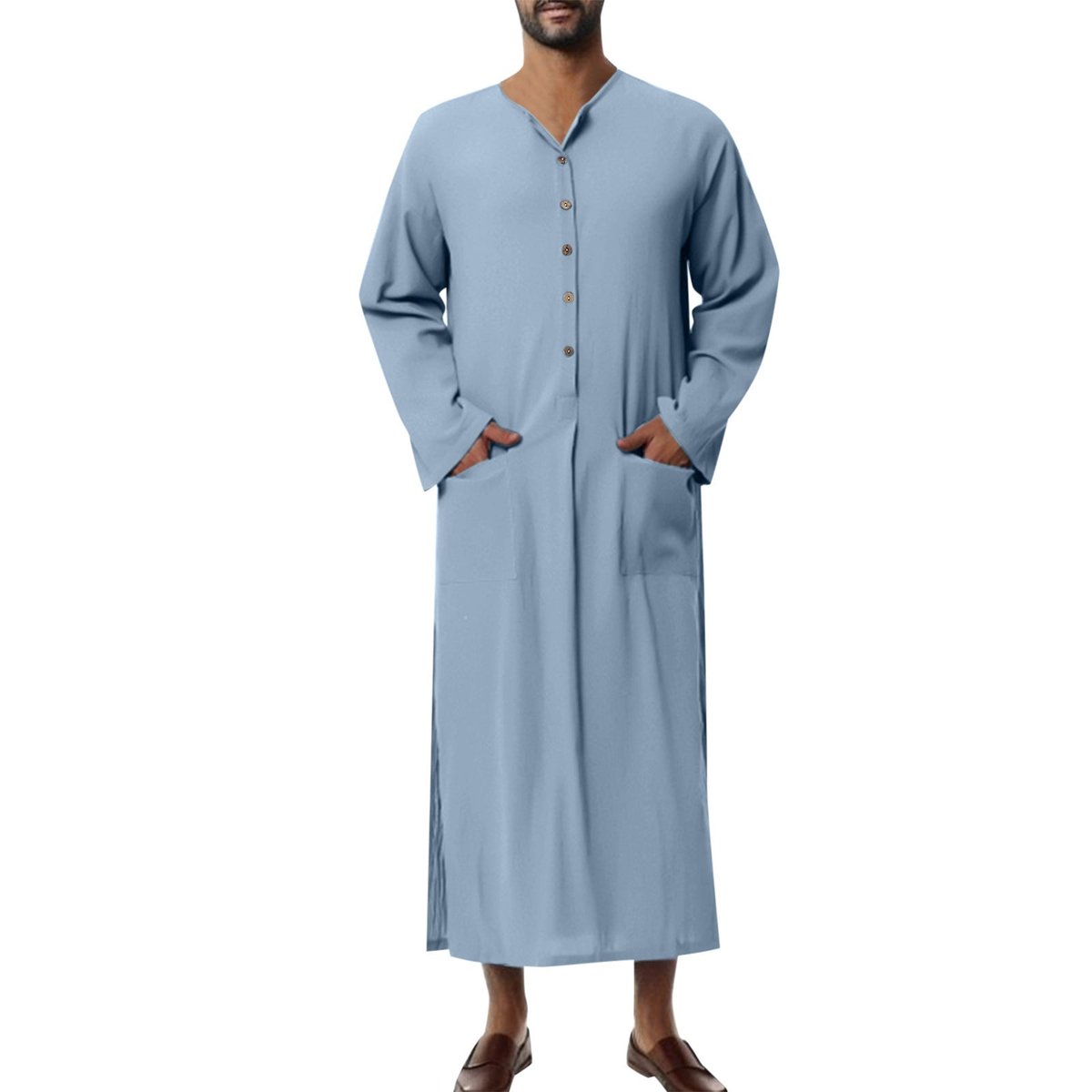 Men's Relaxed-Fit Maxi Linen Kaftan Tunic Button-Front Long Robe - Hellblau