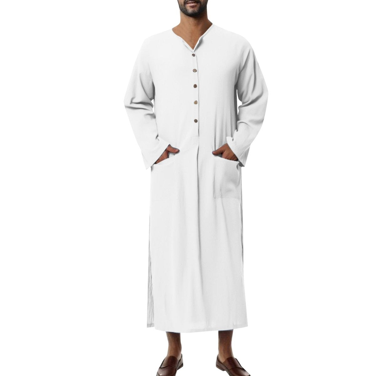 Men's Relaxed-Fit Maxi Linen Kaftan Tunic Button-Front Long Robe - Weiß