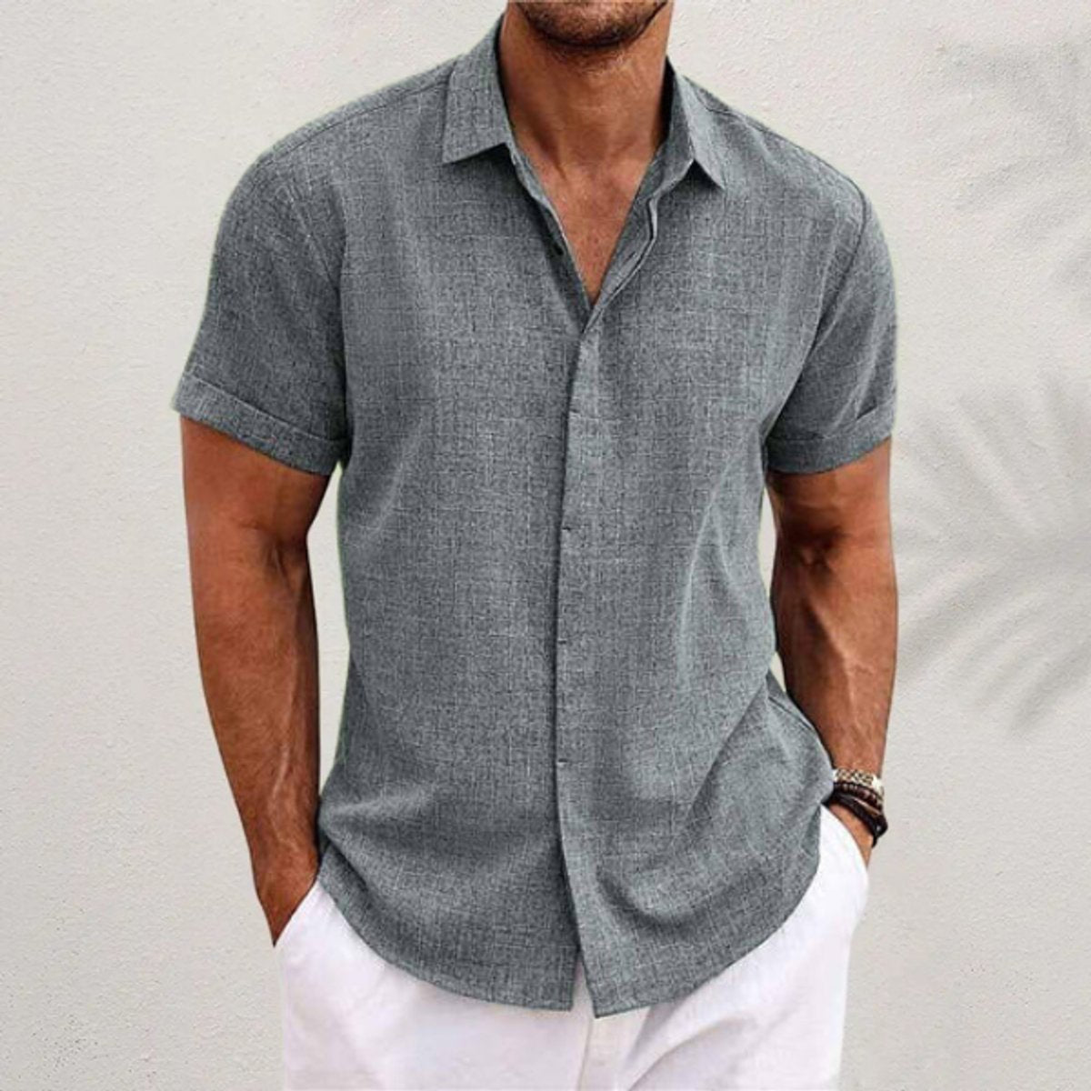 Men's Relaxed-Fit Short-Sleeve Linen Blend Button Shirt - Grey