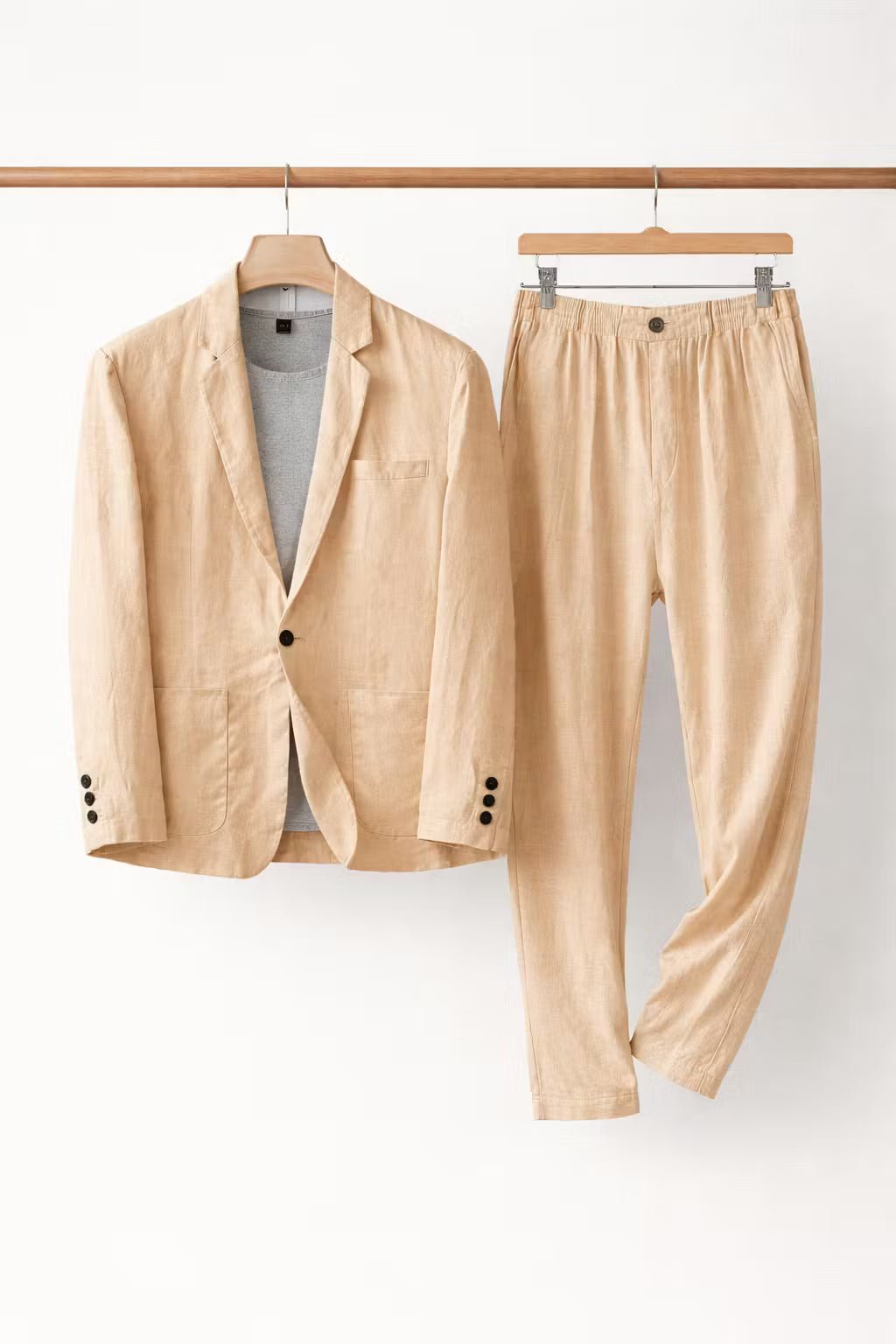 Men's Relaxed-Fit Two-Piece Linen Blazer Trouser Suit Set - Khaki
