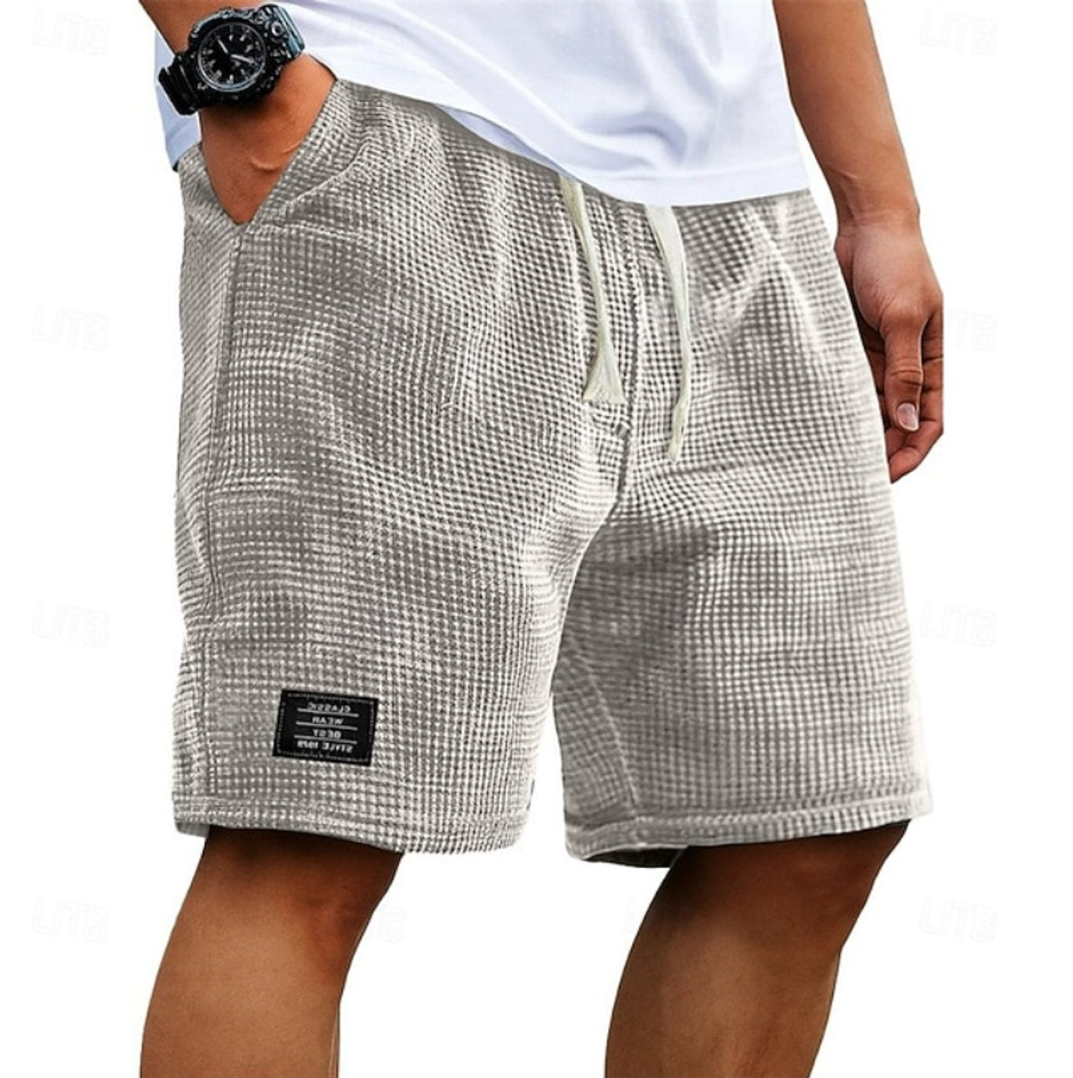 Men's Relaxed-Fit Waffle-Texture Drawstring Casual Shorts - Beige