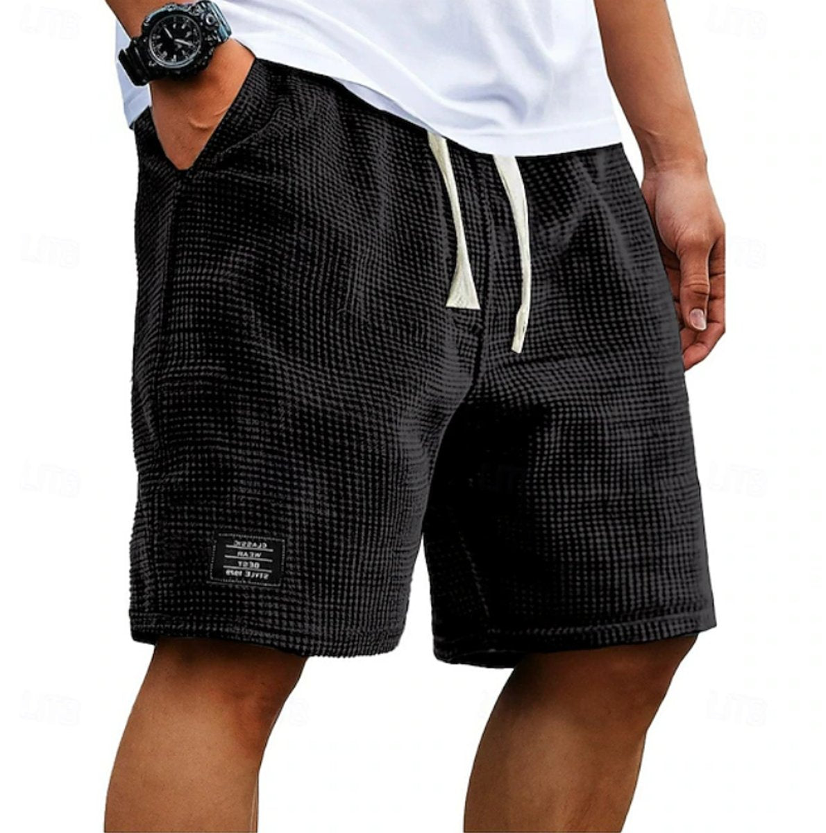 Men's Relaxed-Fit Waffle-Texture Drawstring Casual Shorts - Black