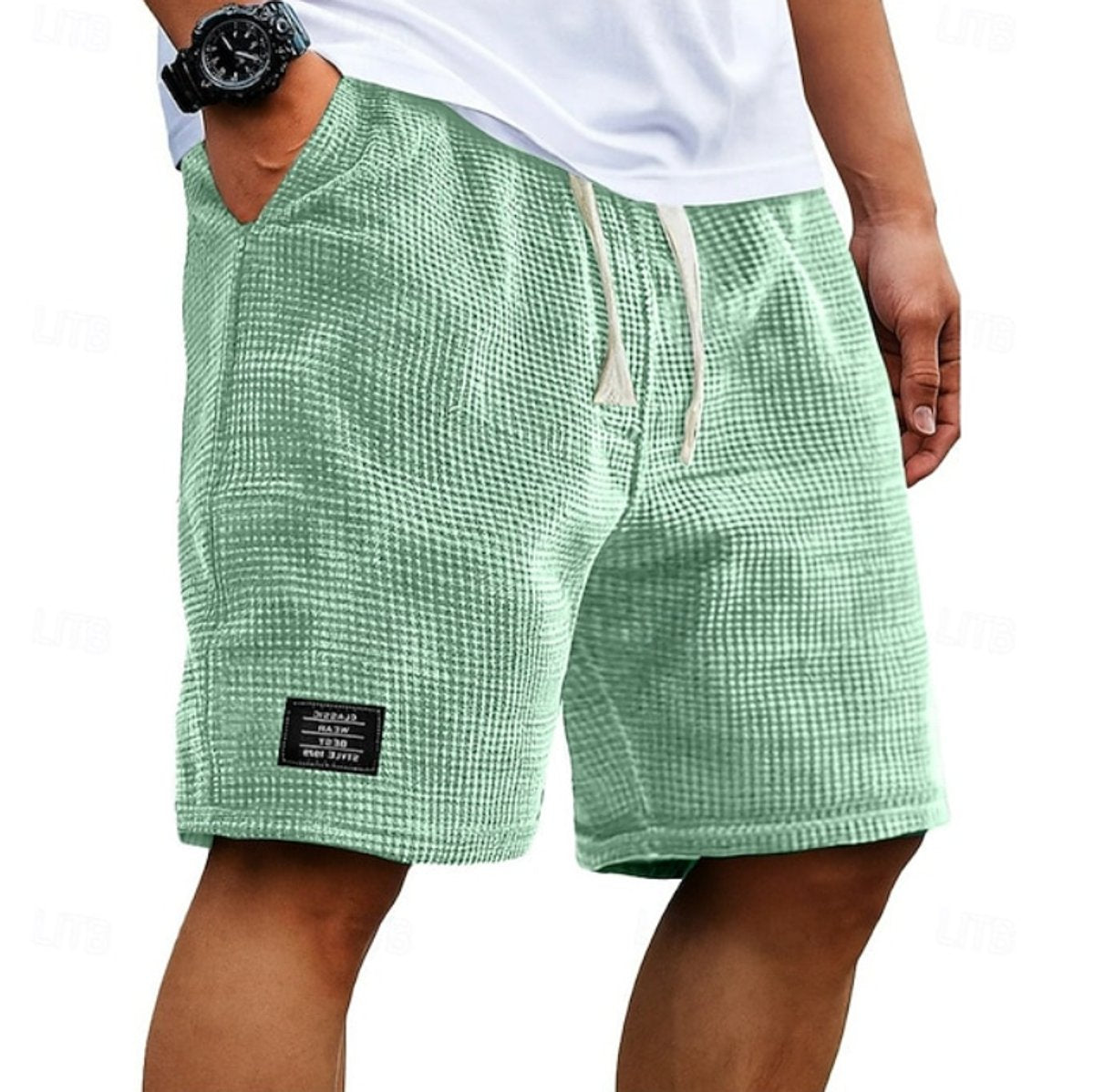 Men's Relaxed-Fit Waffle-Texture Drawstring Casual Shorts - Green