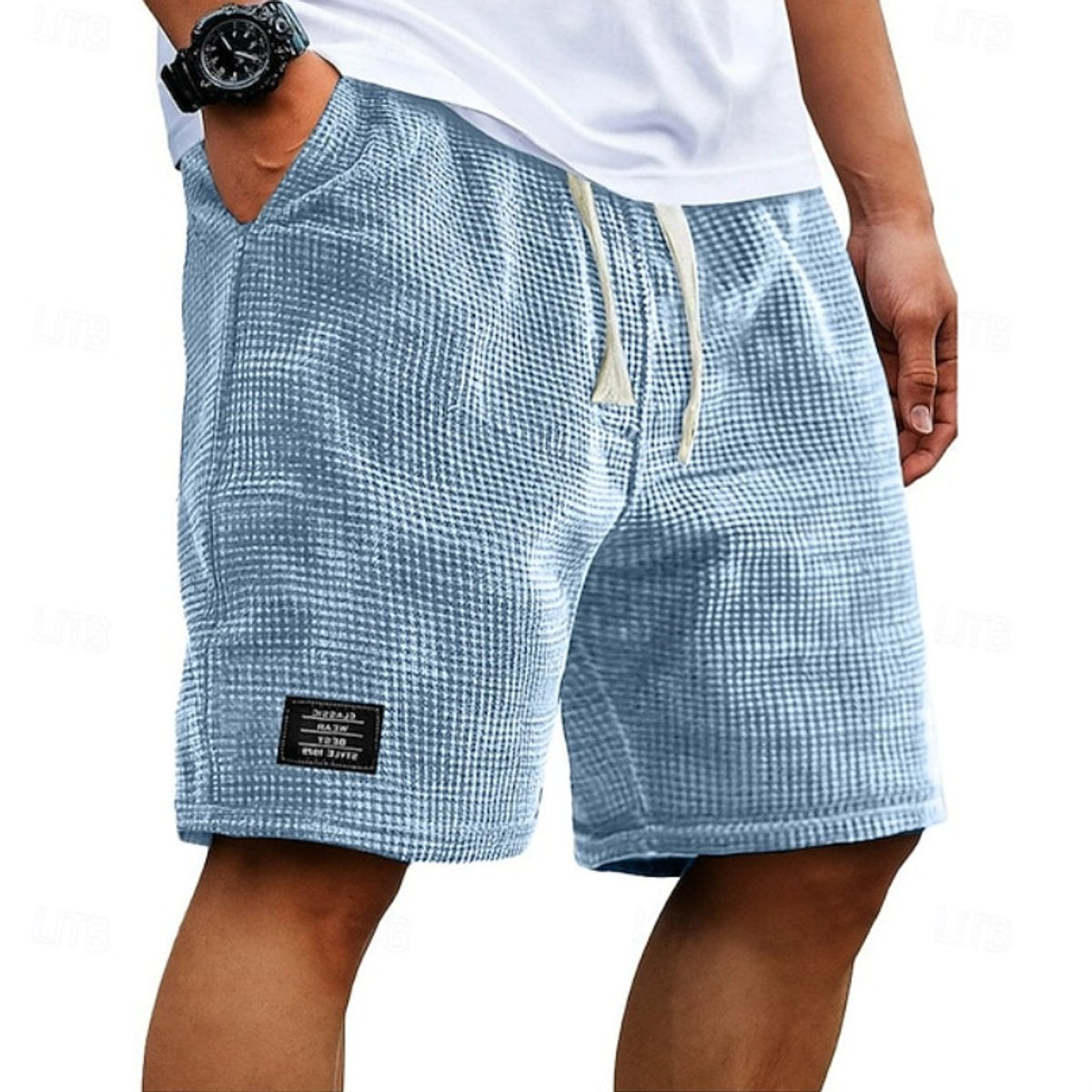 Men's Relaxed-Fit Waffle-Texture Drawstring Casual Shorts - Blue