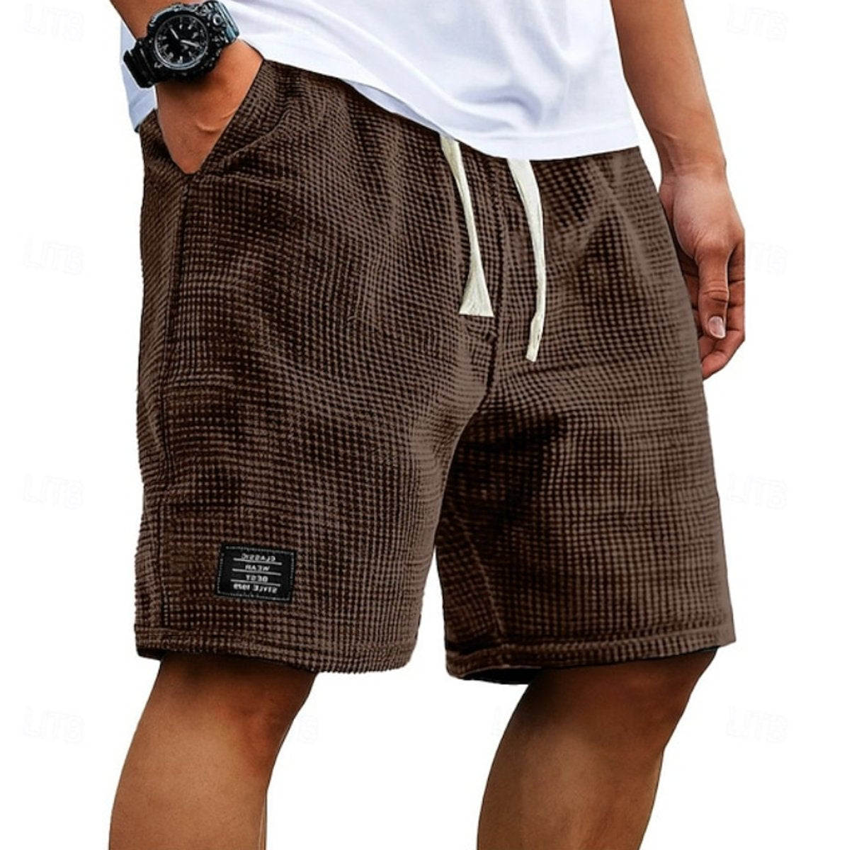 Men's Relaxed-Fit Waffle-Texture Drawstring Casual Shorts - Dark Brown
