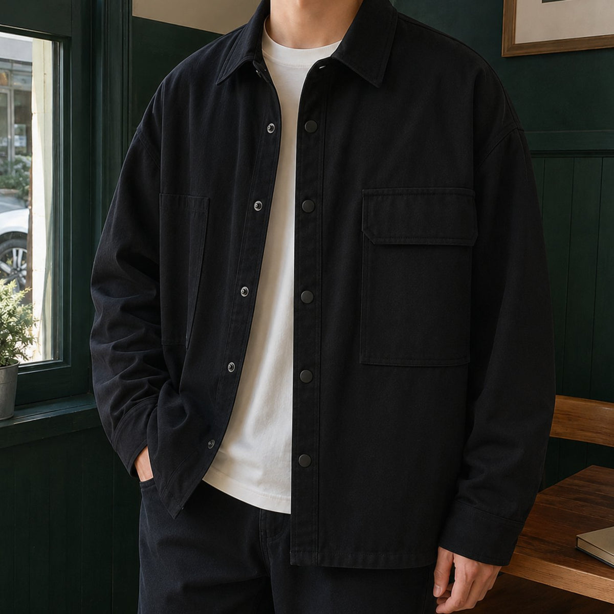 Men's Relaxed Oversized Cotton-Blend Snap-Button Utility Jacket - Black