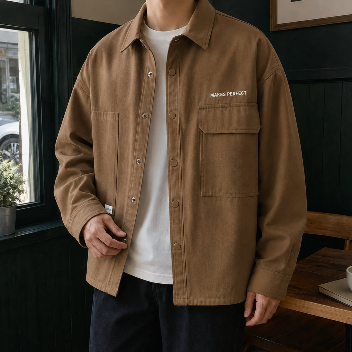 Men's Relaxed Oversized Cotton-Blend Snap-Button Utility Jacket - Brown