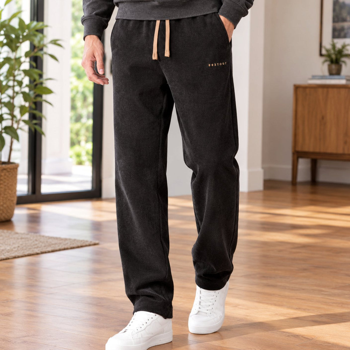 Men's Relaxed Straight-Leg Corduroy Drawstring Trousers - Black