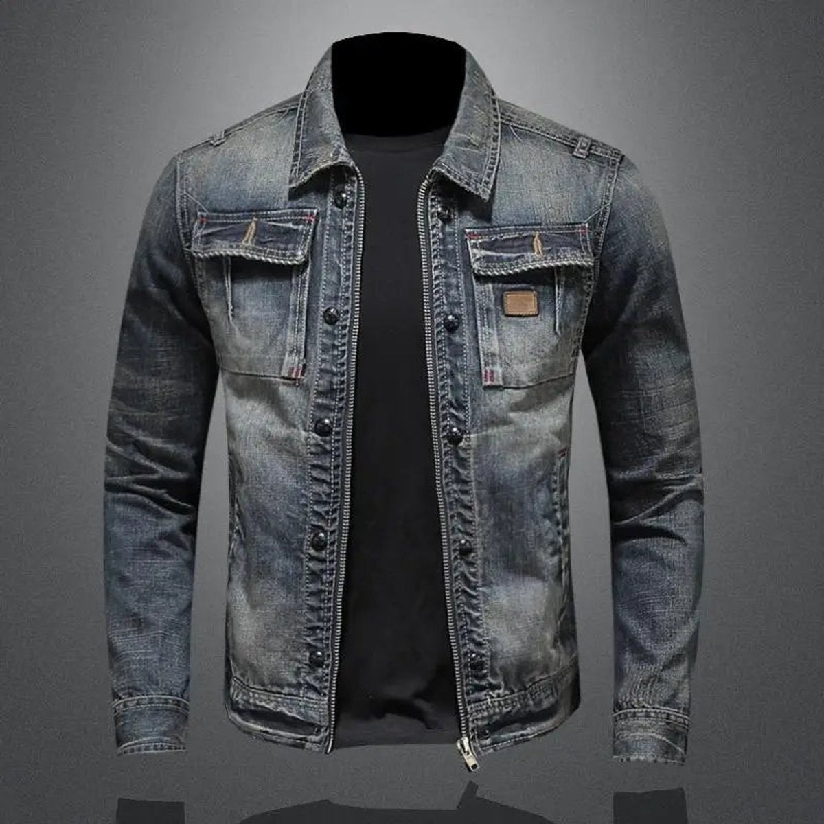 Mens Retro Vintage Washed Denim Jacket Zip-Up Trucker Coat