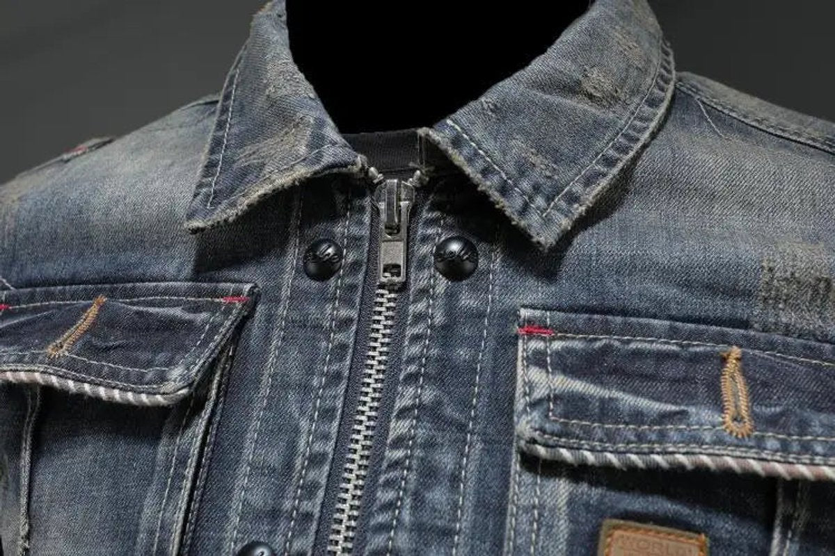 Mens Retro Vintage Washed Denim Jacket Zip-Up Trucker Coat