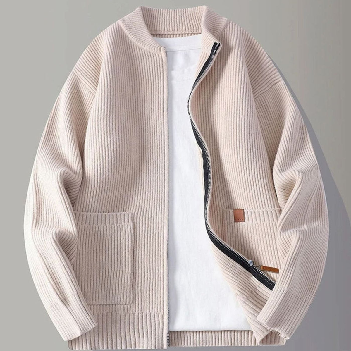 Men's Ribbed Knit Full-Zip Cardigan Jacket - Beige
