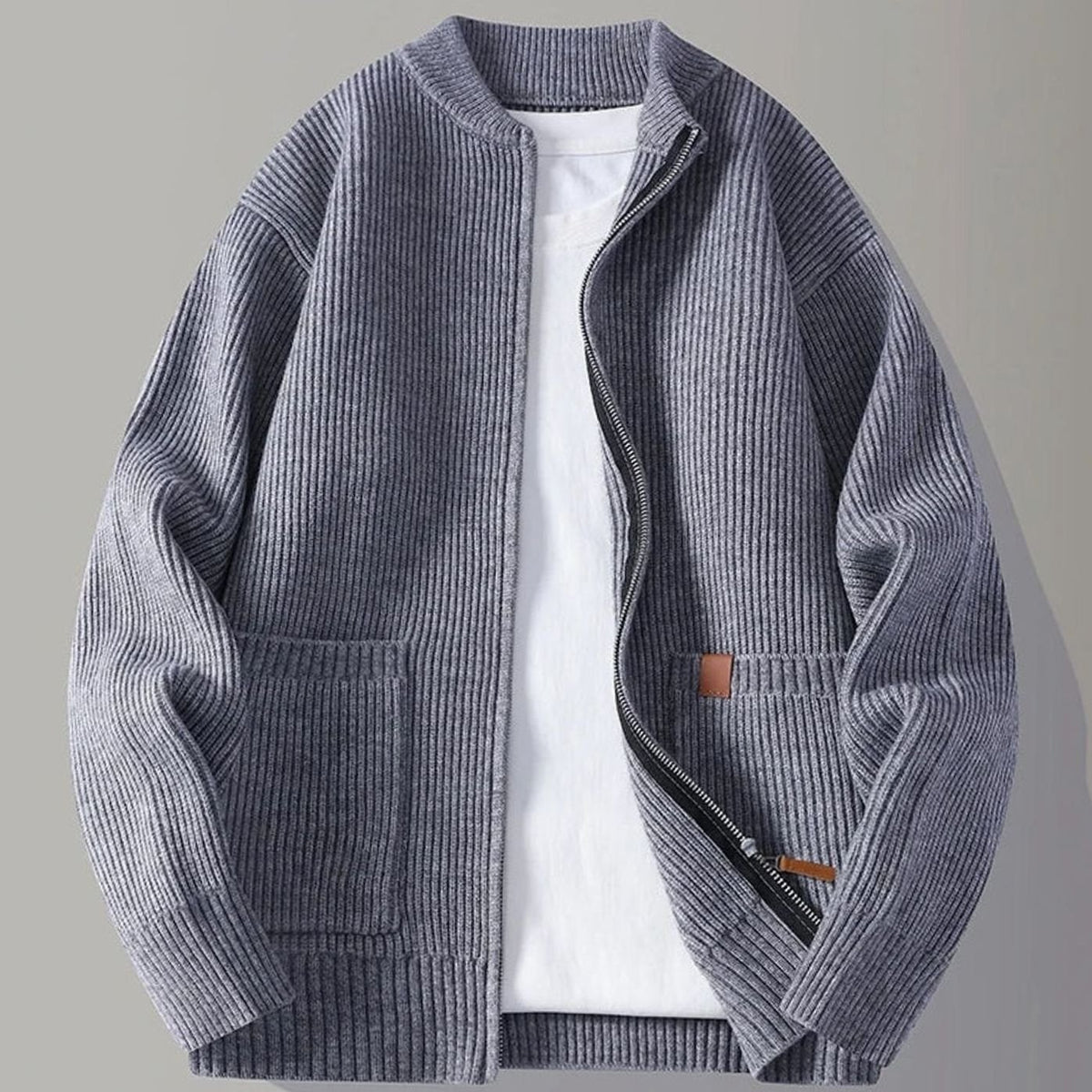 Men's Ribbed Knit Full-Zip Cardigan Jacket - Grey