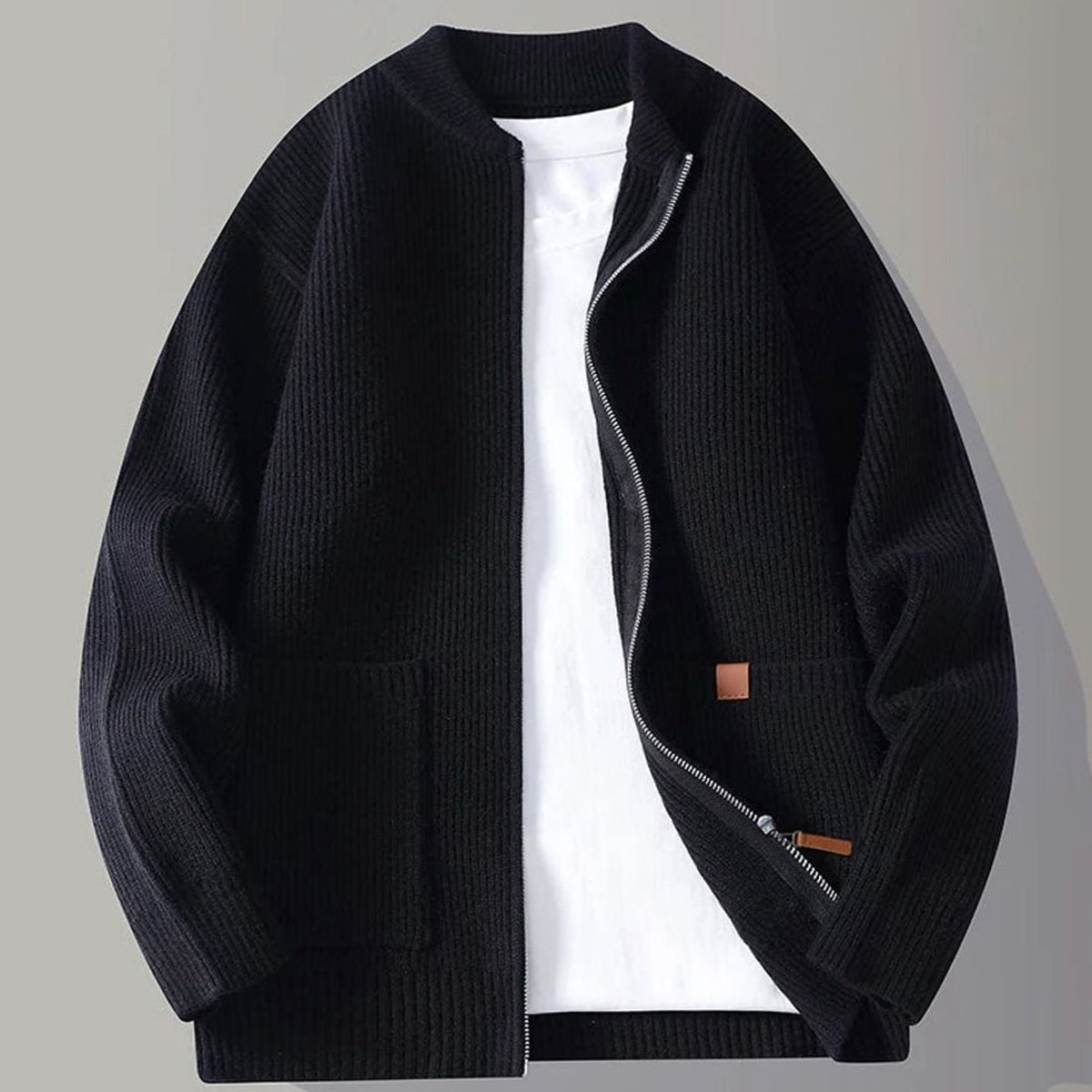 Men's Ribbed Knit Full-Zip Cardigan Jacket - Black