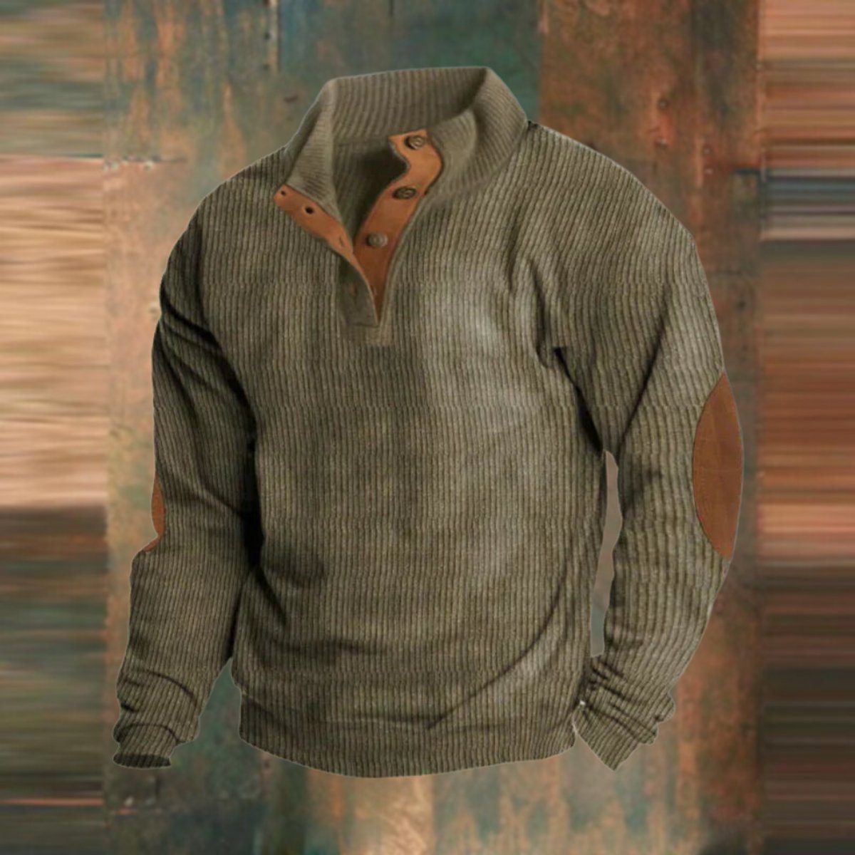 Men's Ribbed Knit Sweater Quarter-Snap Collar Elbow Patch Jumper - Green