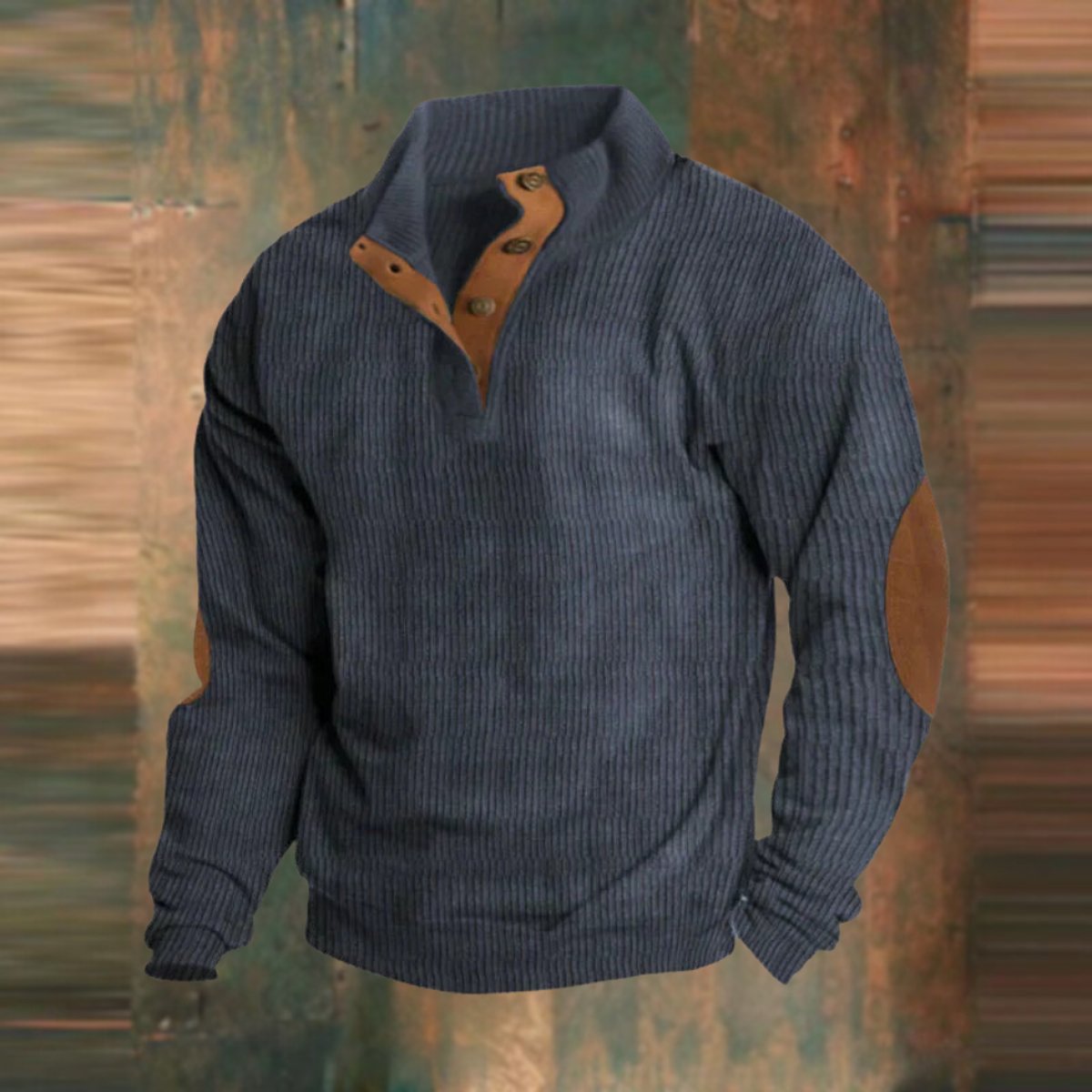 Men's Ribbed Knit Sweater Quarter-Snap Collar Elbow Patch Jumper - Navy Blue