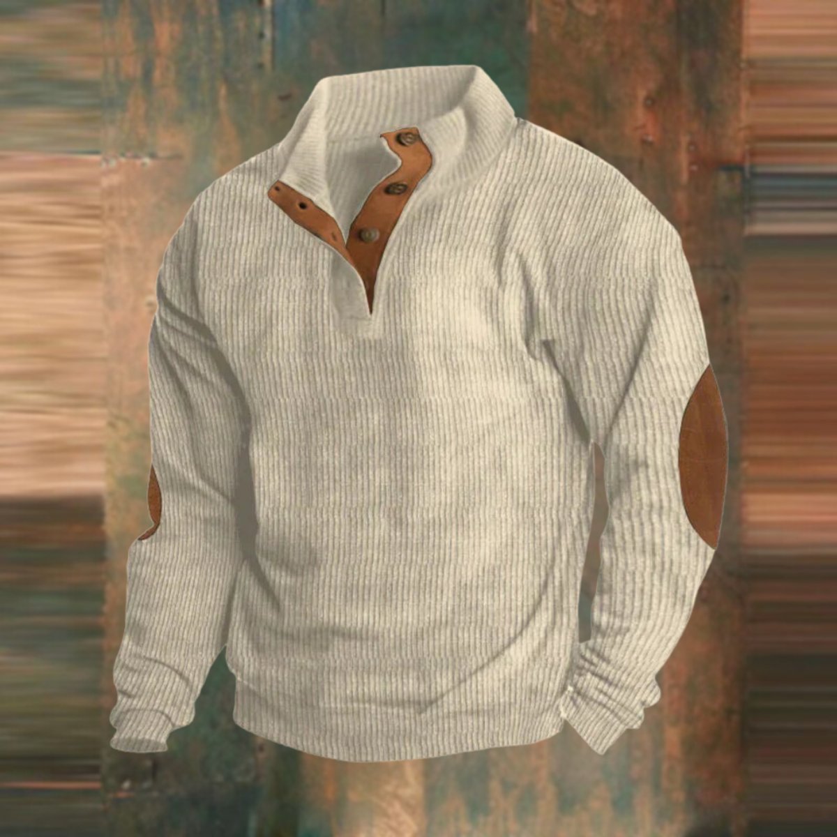 Men's Ribbed Knit Sweater Quarter-Snap Collar Elbow Patch Jumper - Beige