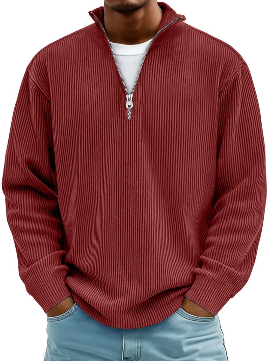 Men's Ribbed Knit Sweater Quarter-Zip Pullover Jumper - Red