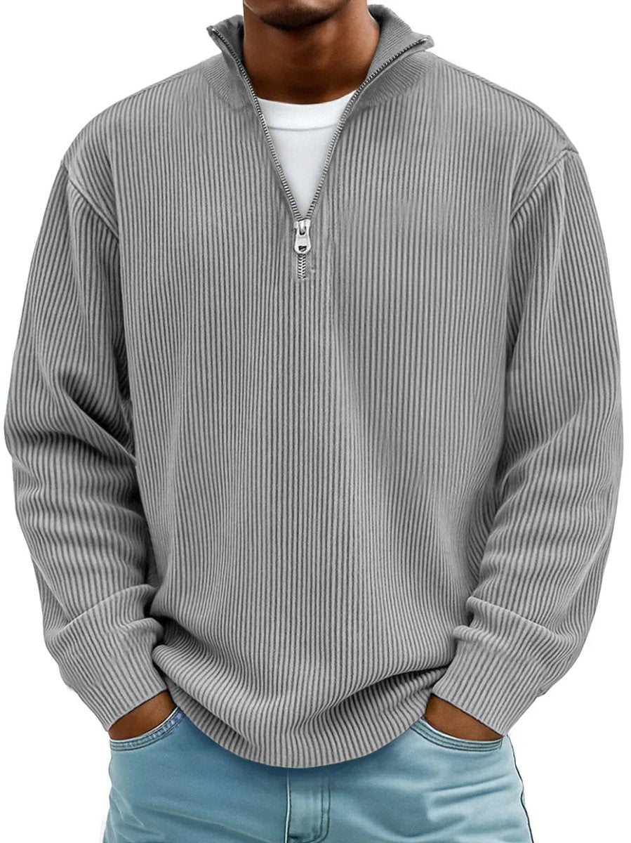 Men's Ribbed Knit Sweater Quarter-Zip Pullover Jumper - Grey