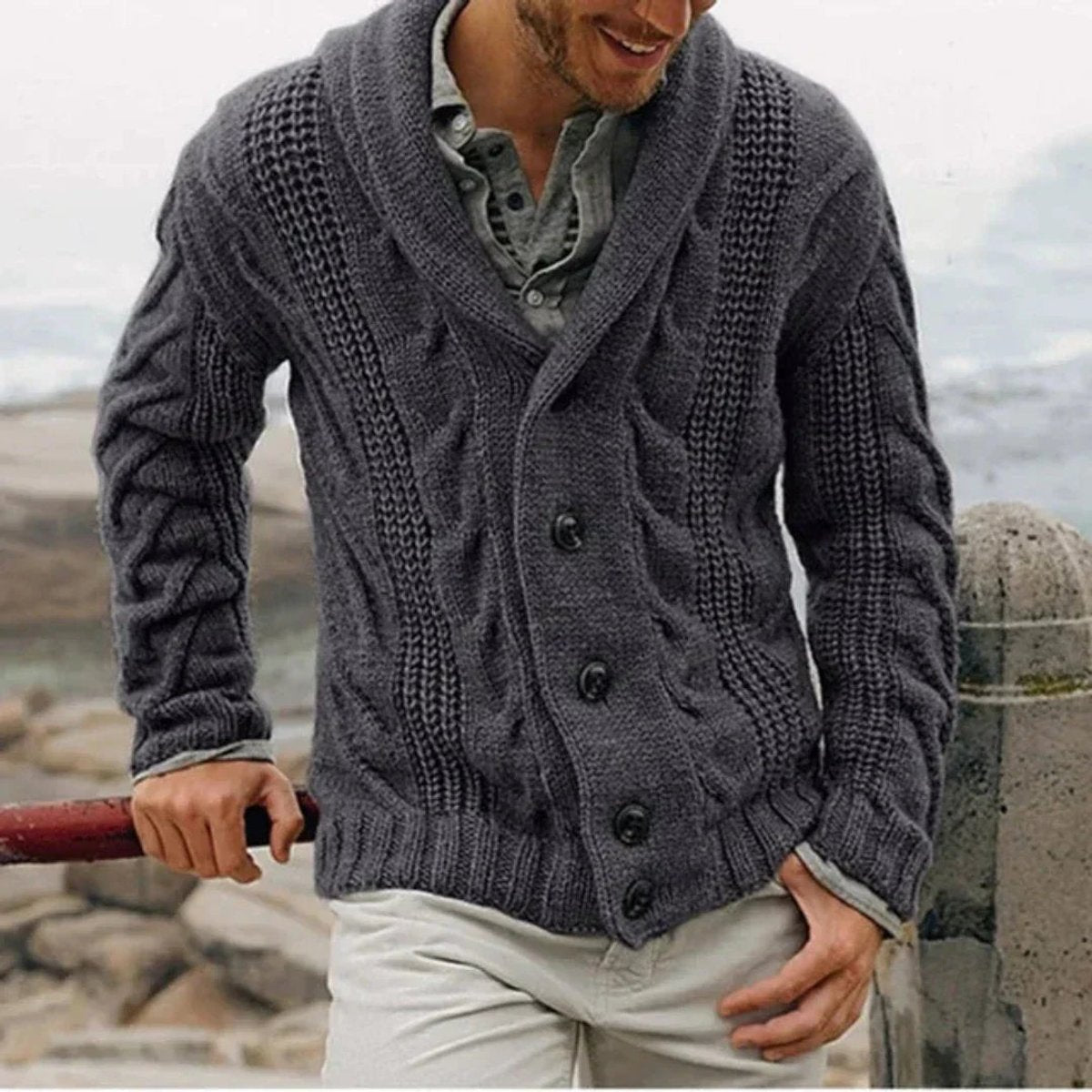 Men's Shawl Collar Cable Knit Mens Cardigan Button-Front - Dark Grey