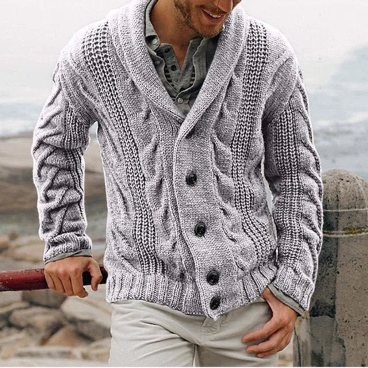 Men's Shawl Collar Cable Knit Mens Cardigan Button-Front - Light Grey
