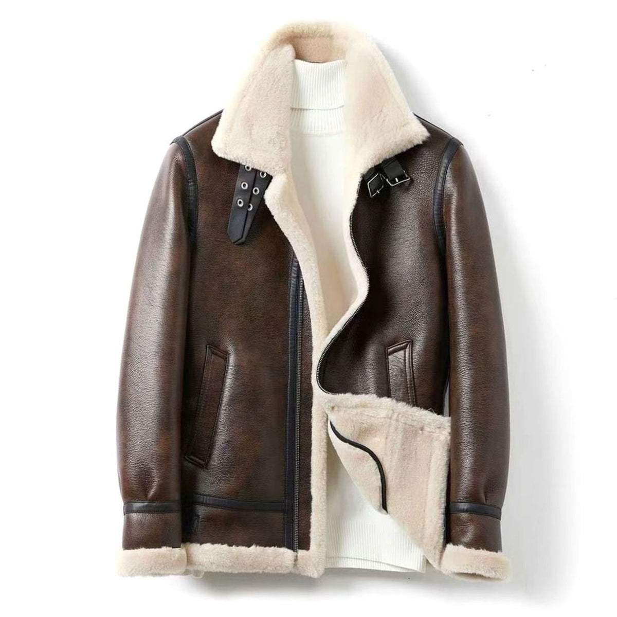 Men's Shearling-Lined Aviator Leather-Finish Jacket - Espresso Brown
