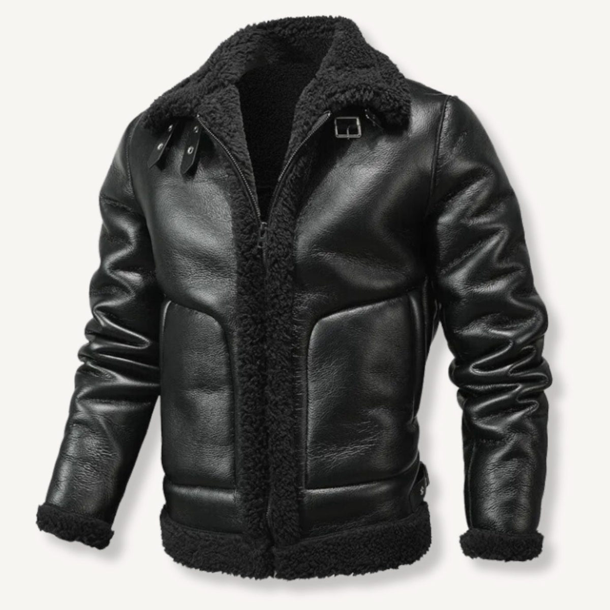 Men's Shearling-Lined Faux Leather Aviator Jacket - Black
