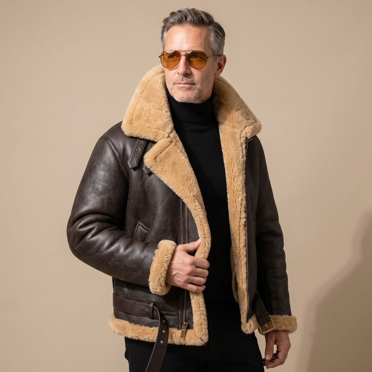 Men's Shearling-Lined Leather Aviator Bomber Jacket