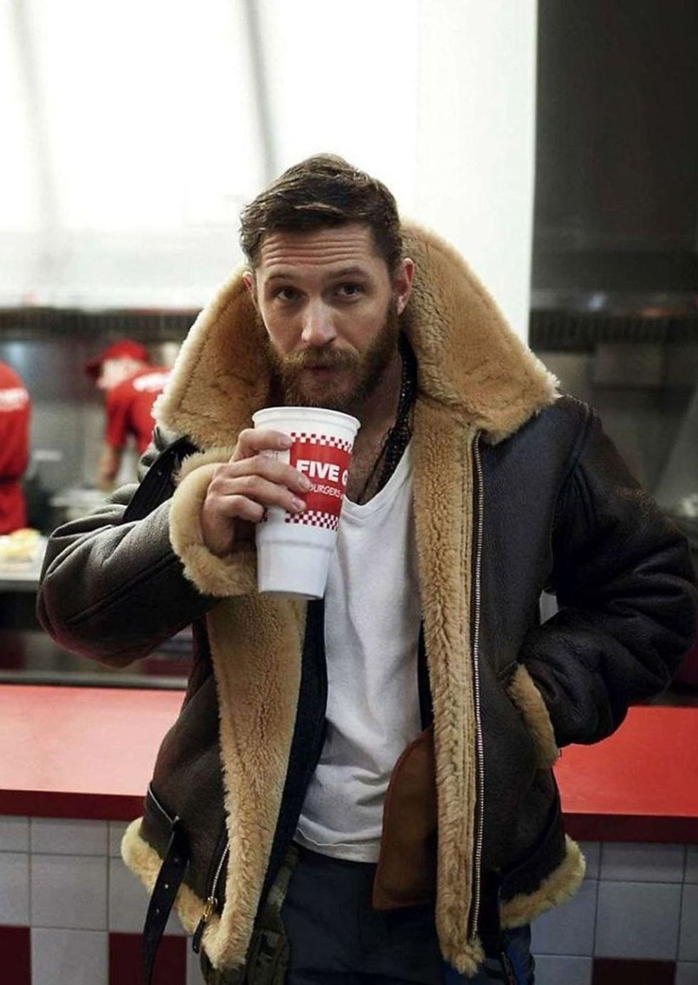 Men's Shearling-Lined Leather Aviator Bomber Jacket