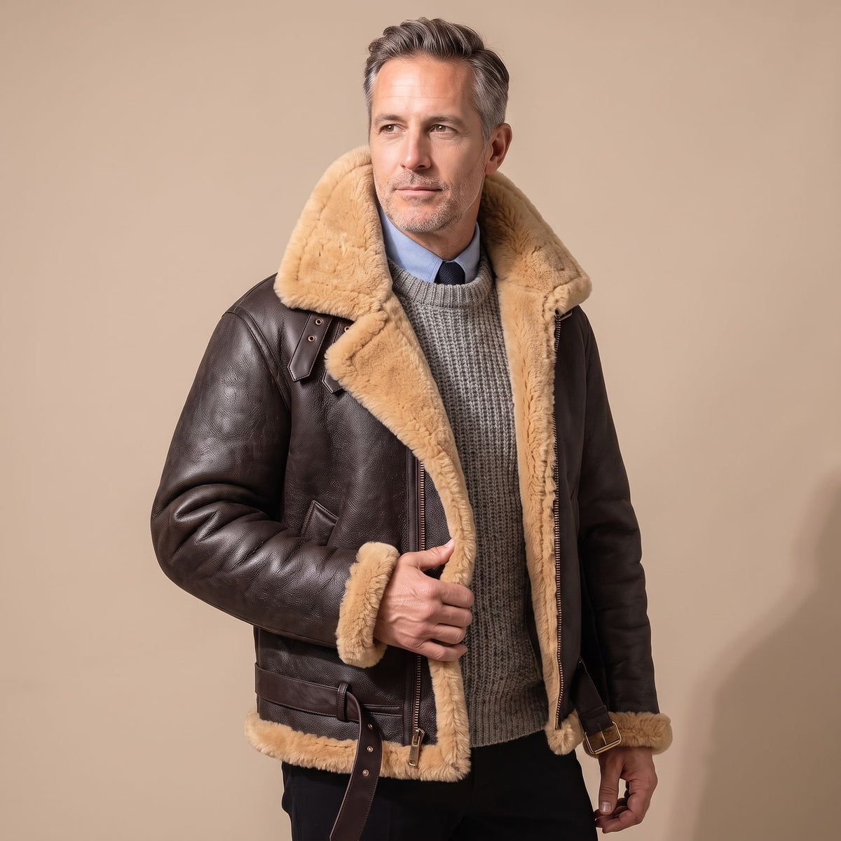 Men's Shearling-Lined Leather Aviator Bomber Jacket