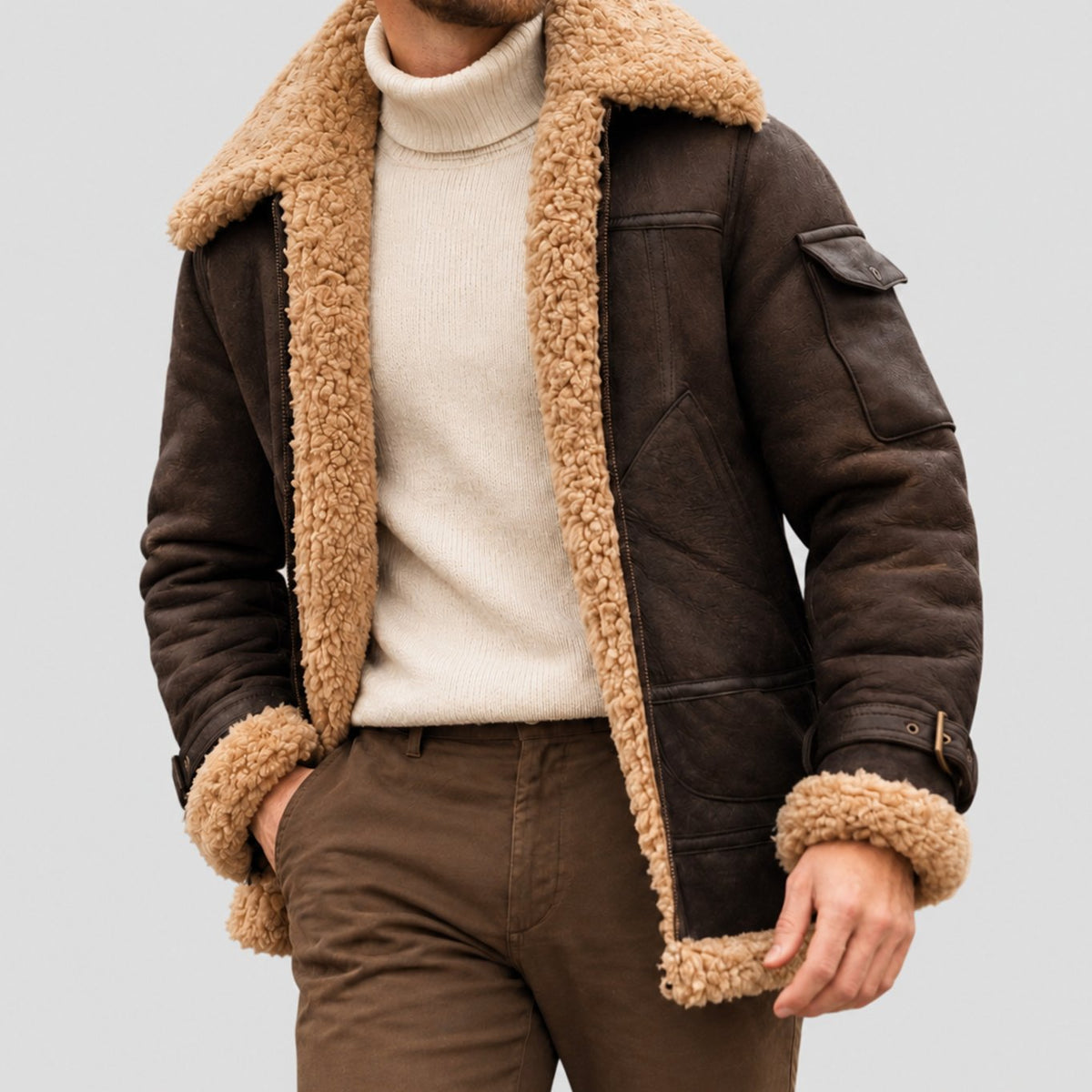 Men's Shearling-Lined Suede Aviator Bomber Jacket