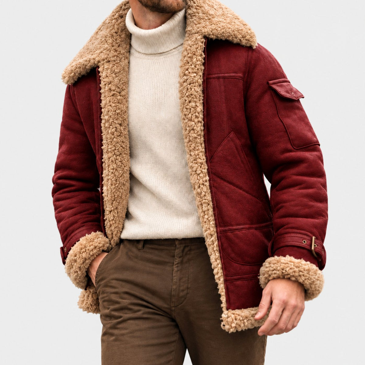 Men's Shearling-Lined Suede Aviator Bomber Jacket - Red