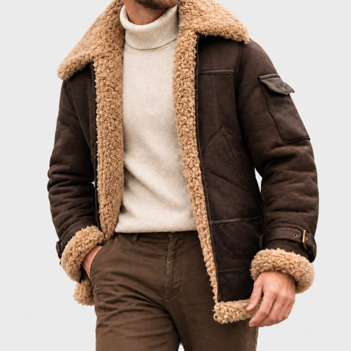 Men's Shearling-Lined Suede Aviator Bomber Jacket - Dark Brown