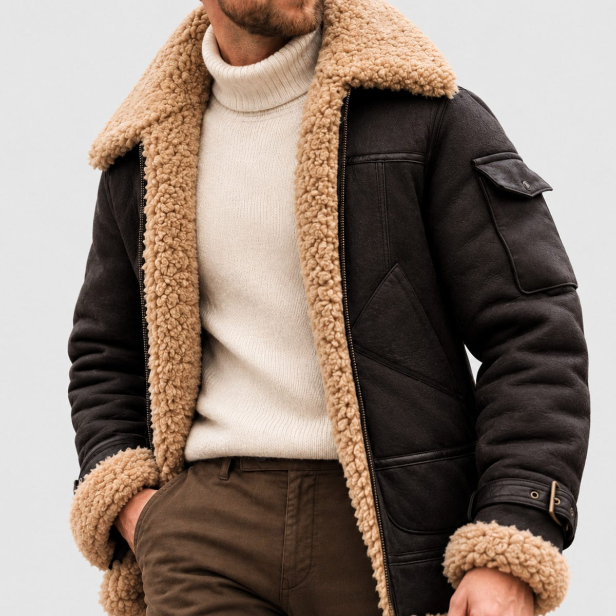 Men's Shearling-Lined Suede Aviator Bomber Jacket - Black