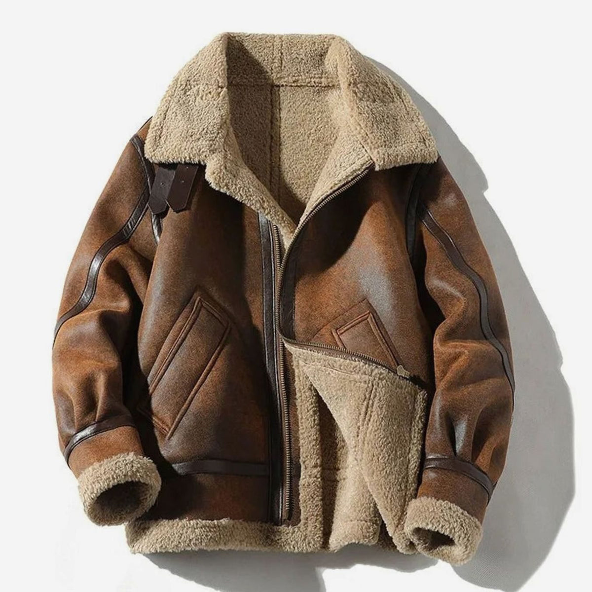 Men's Shearling-Lined Suede Aviator Jacket - Brown