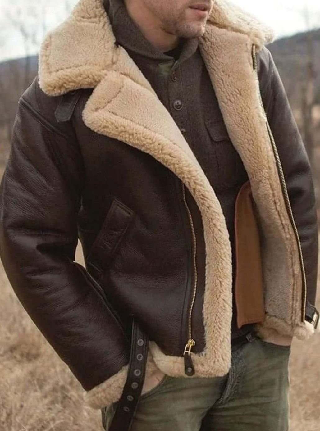 Men's Sheepskin-Lined Leather Bomber Flying Jacket