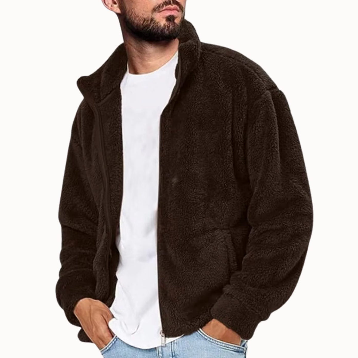 Men's Sherpa Fleece Full-Zip Stand-Collar Plush Jacket - Brown