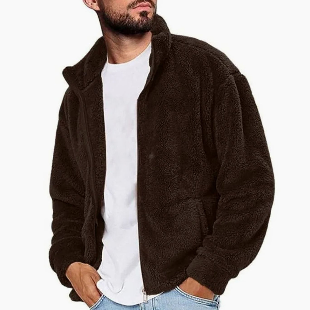 Men's Sherpa Fleece Full-Zip Stand-Collar Plush Jacket