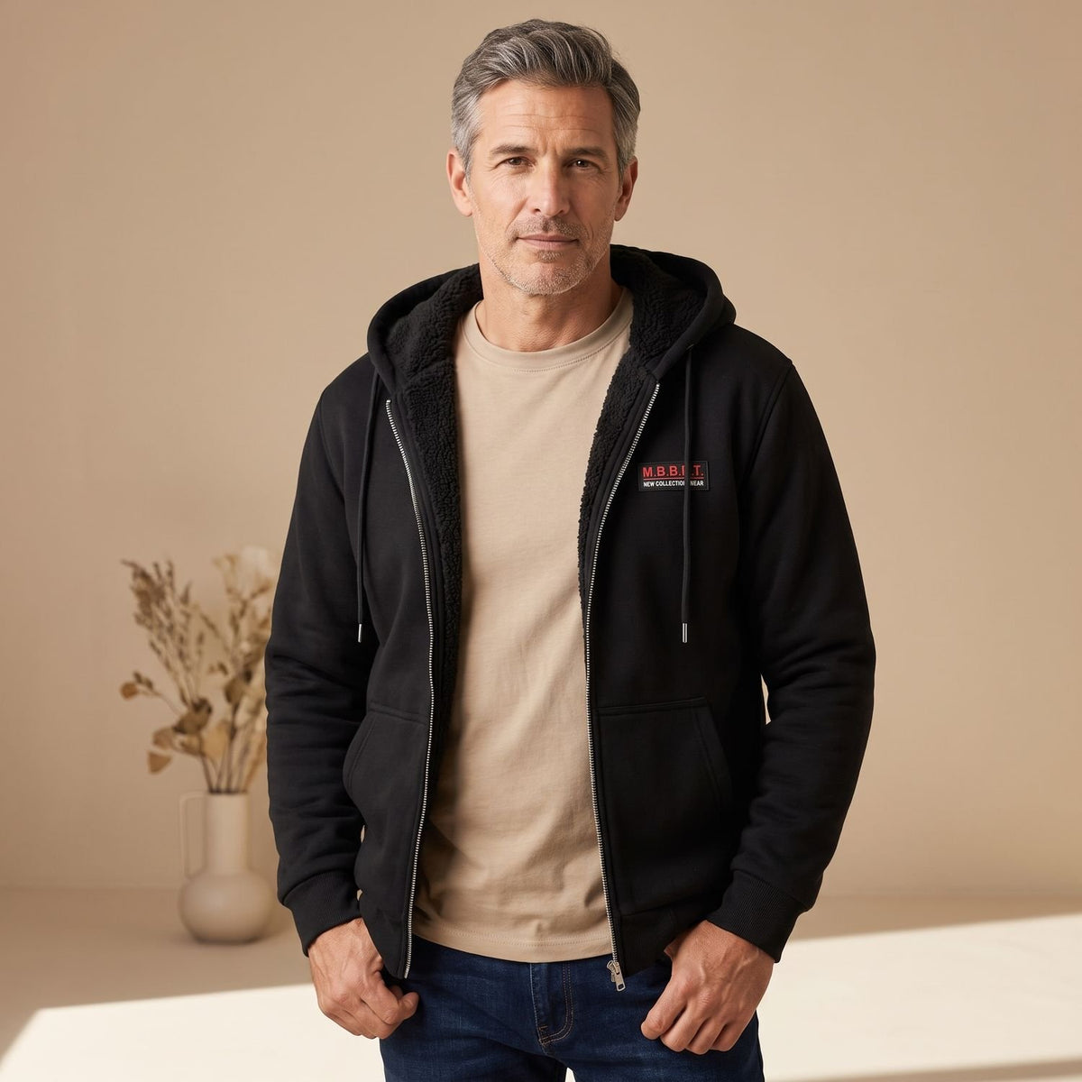 Men's Sherpa-Lined Full-Zip Hooded Sweatshirt - Black