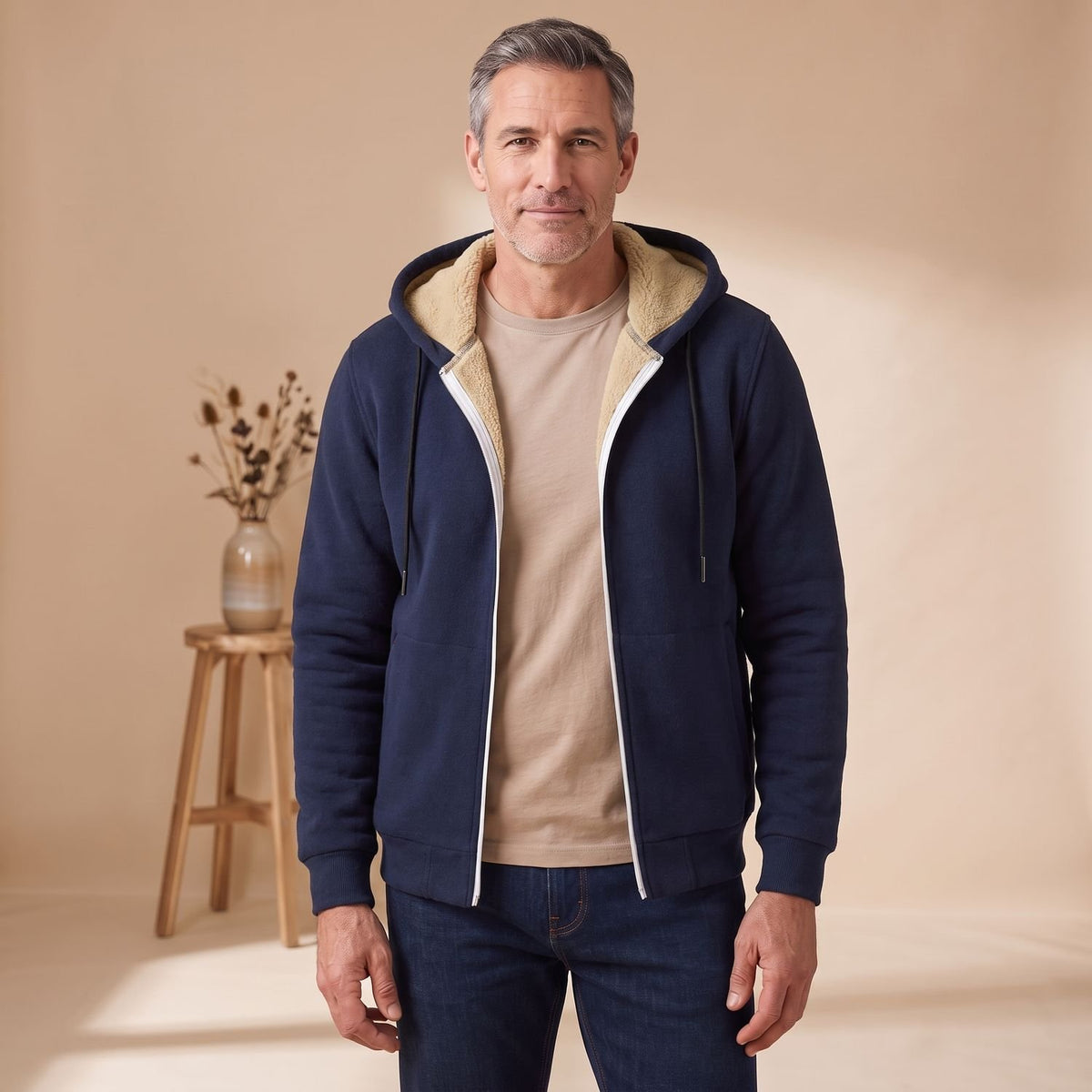 Men's Sherpa-Lined Full-Zip Hooded Sweatshirt - Blue