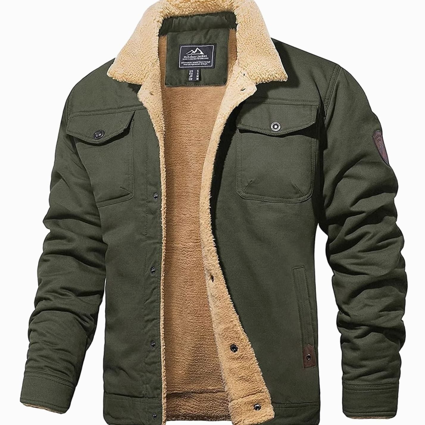 Men's Sherpa-Lined Relaxed-Fit Snap-Button Winter Jacket - Army Green