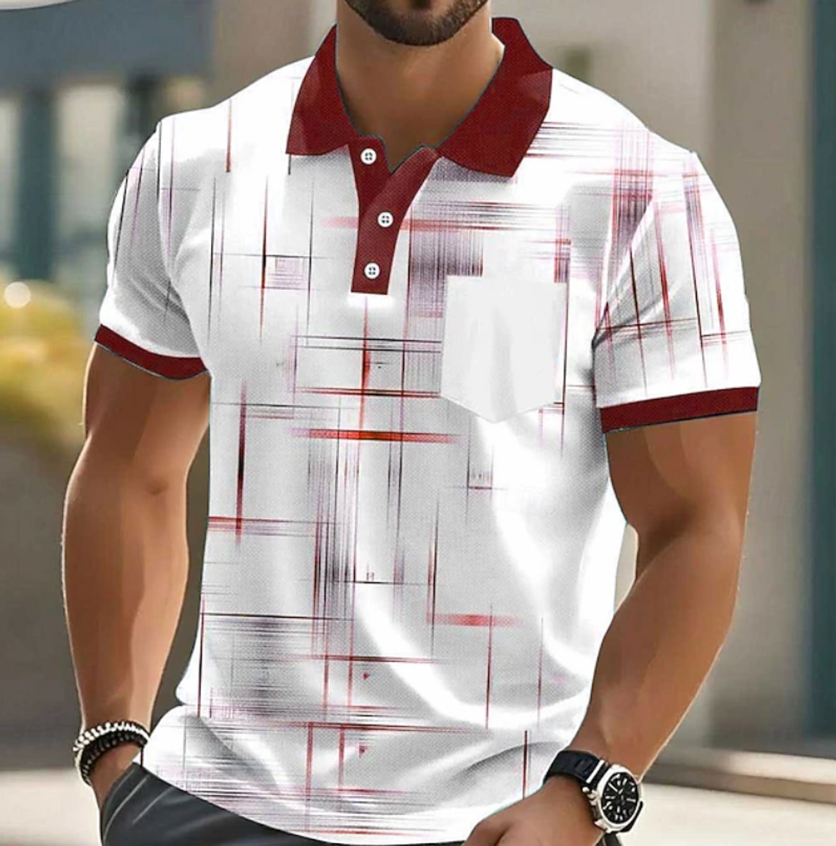 Men's Short-Sleeve Geometric-Print Button-Up Polo Shirt - Red