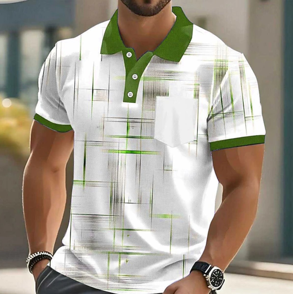 Men's Short-Sleeve Geometric-Print Button-Up Polo Shirt - Green