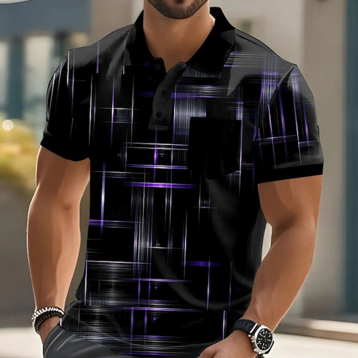 Men's Short-Sleeve Geometric-Print Button-Up Polo Shirt - Purple