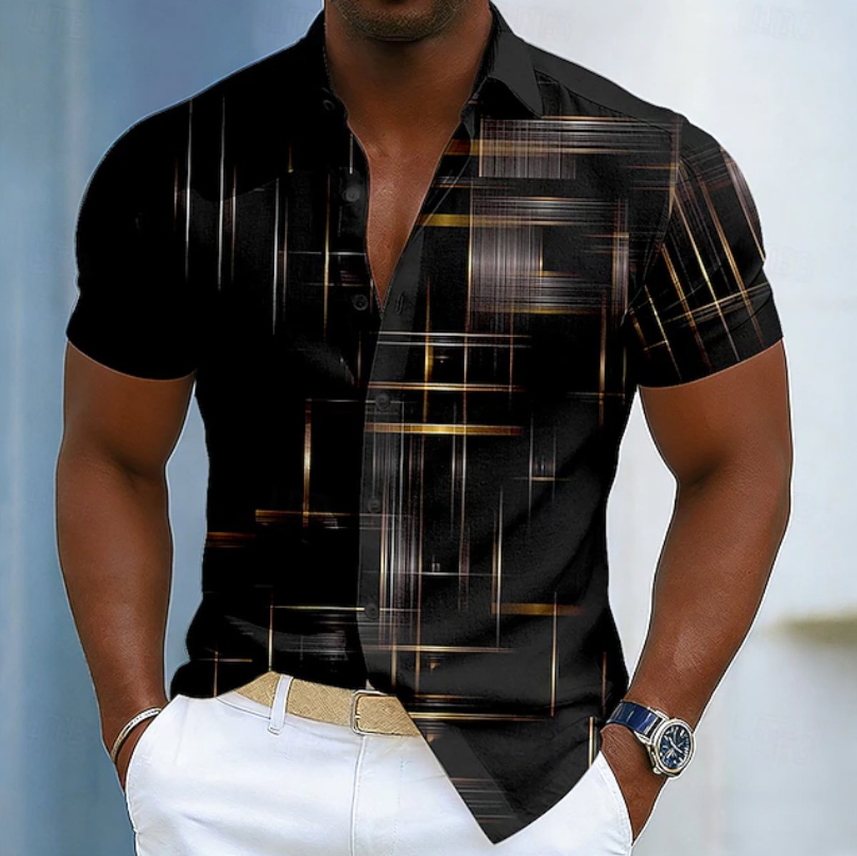 Men's Short-Sleeve Geometric Print Relaxed-Fit Button-Up Shirt - Black
