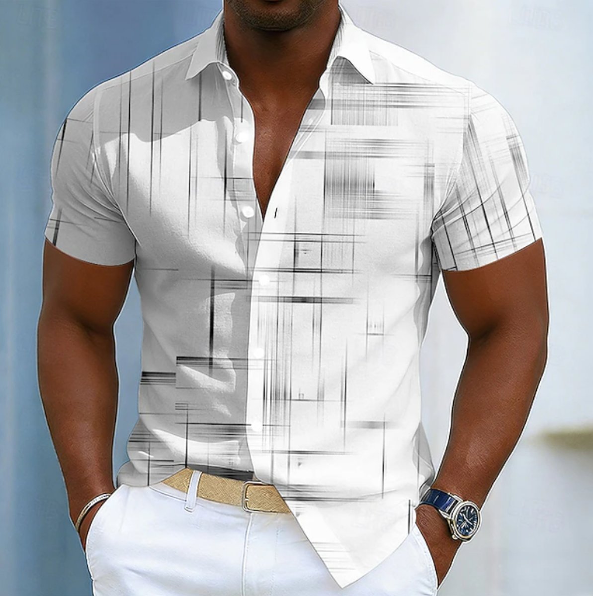 Men's Short-Sleeve Geometric Print Relaxed-Fit Button-Up Shirt - White