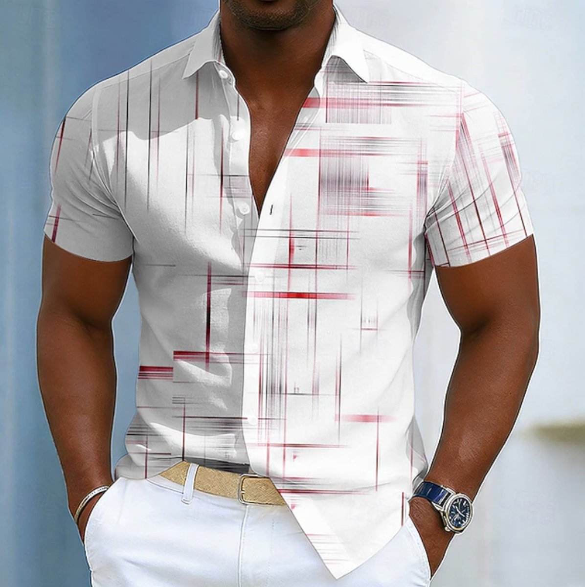 Men's Short-Sleeve Geometric Print Relaxed-Fit Button-Up Shirt - Red