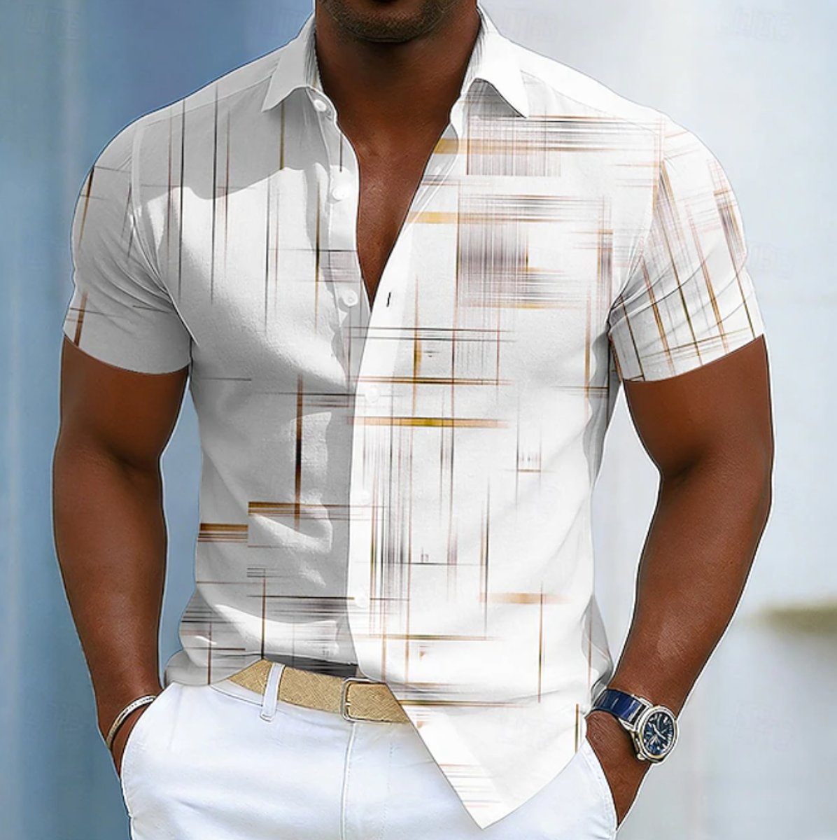 Men's Short-Sleeve Geometric Print Relaxed-Fit Button-Up Shirt - Khaki