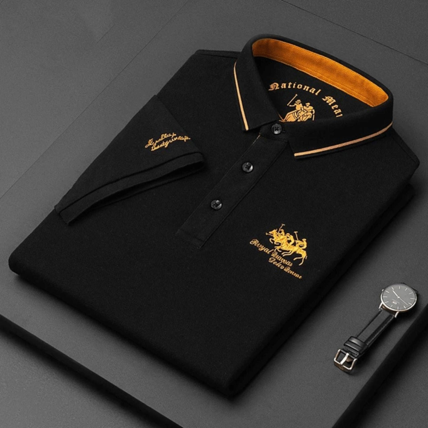 Men's Short-Sleeve Tipped-Collar Cotton Polo Shirt - Czarny